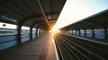 Empty modern train platform at sunrise