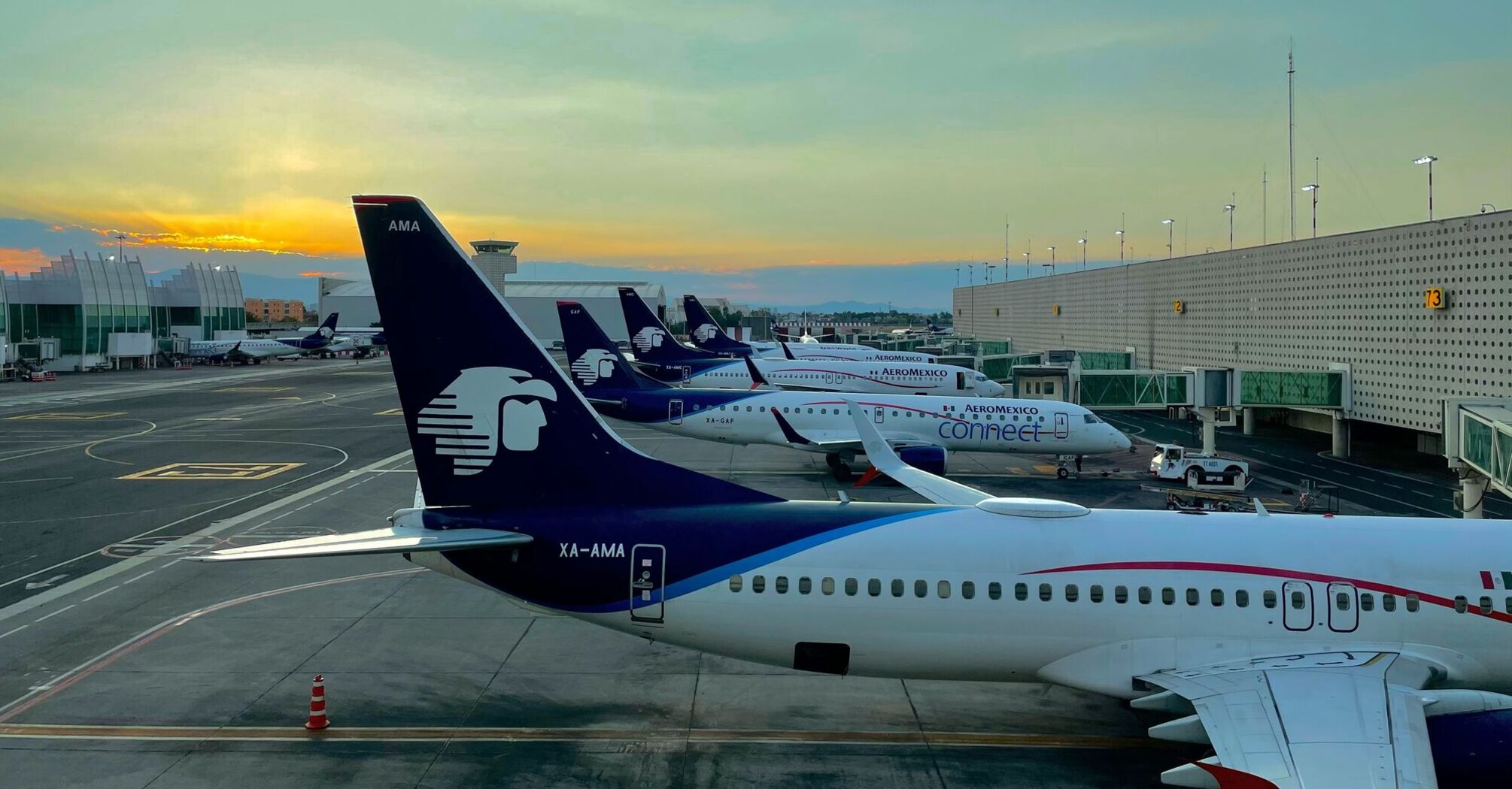 Sunset in Mexico City Airport Aeromexico airplane 