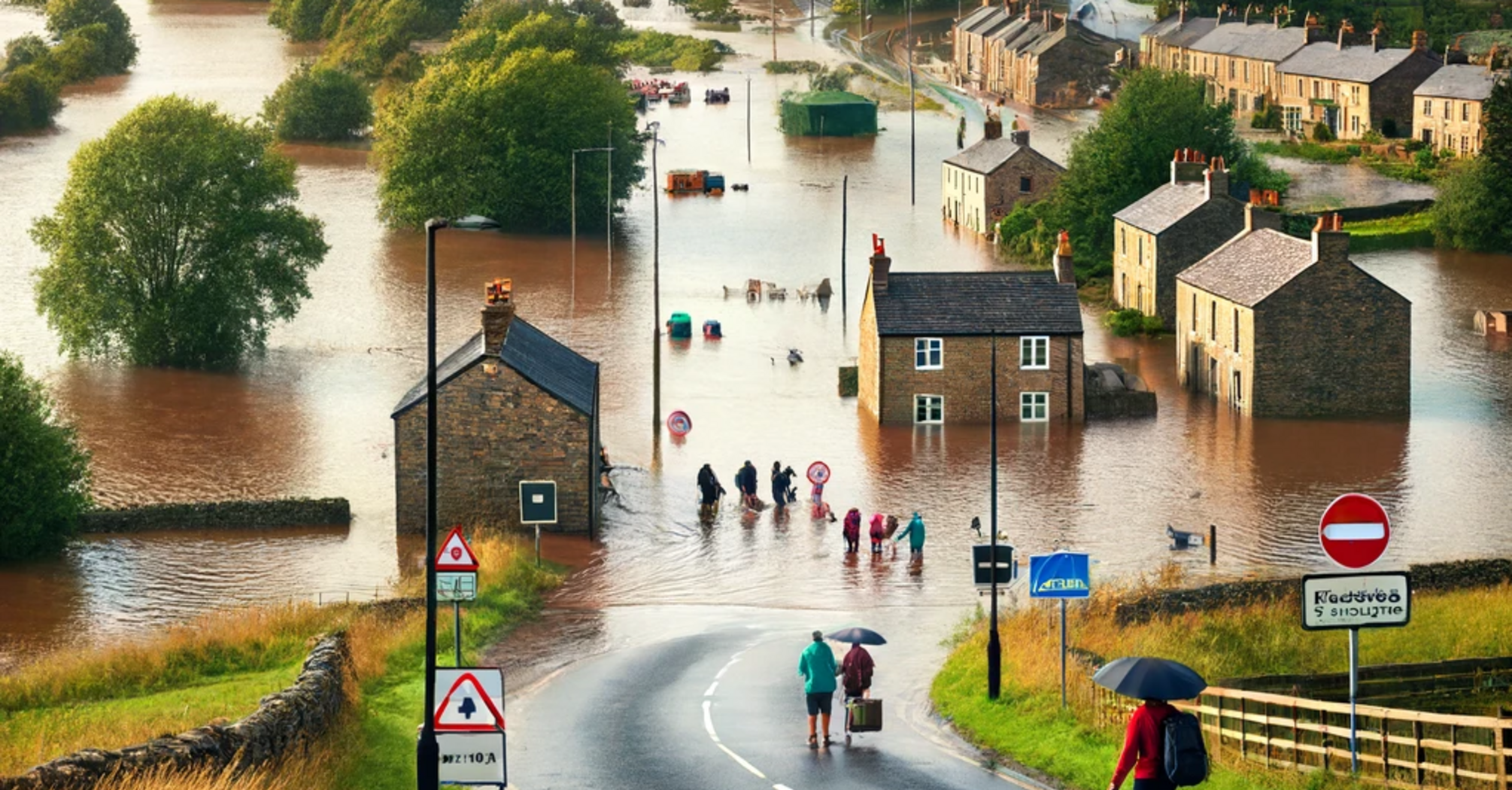 Flooded countryside in Northern England with tourists navigating submerged roads