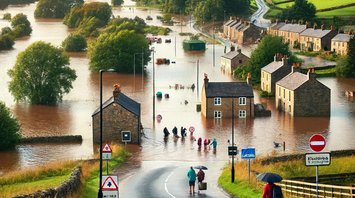 Flooded countryside in Northern England with tourists navigating submerged roads