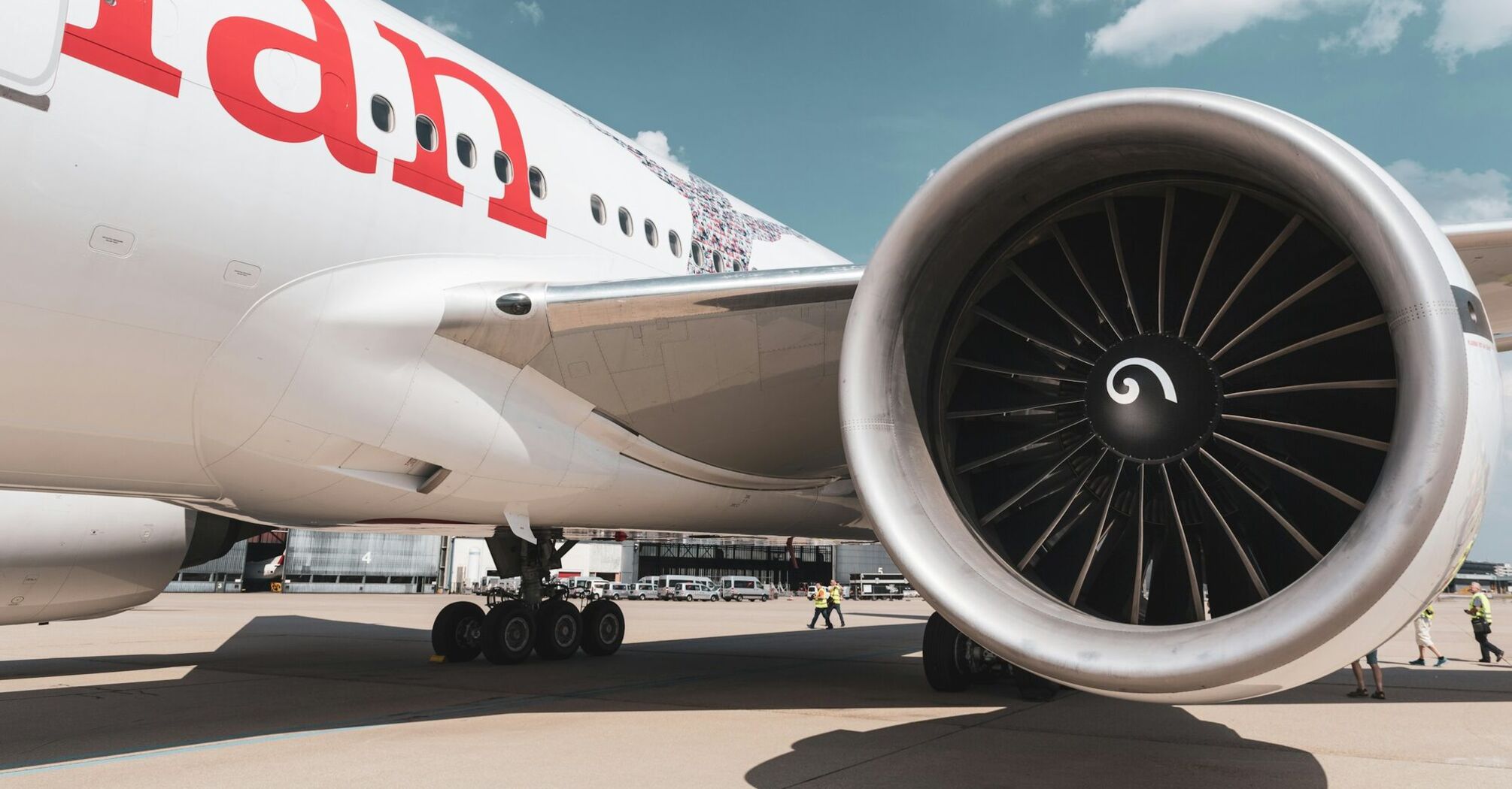 Close-up of Austrian Airlines Dreamliner engine on the tarmac