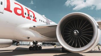 Close-up of Austrian Airlines Dreamliner engine on the tarmac