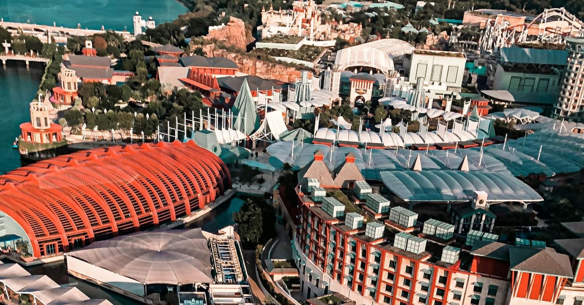 Aerial view of Sentosa Island attractions