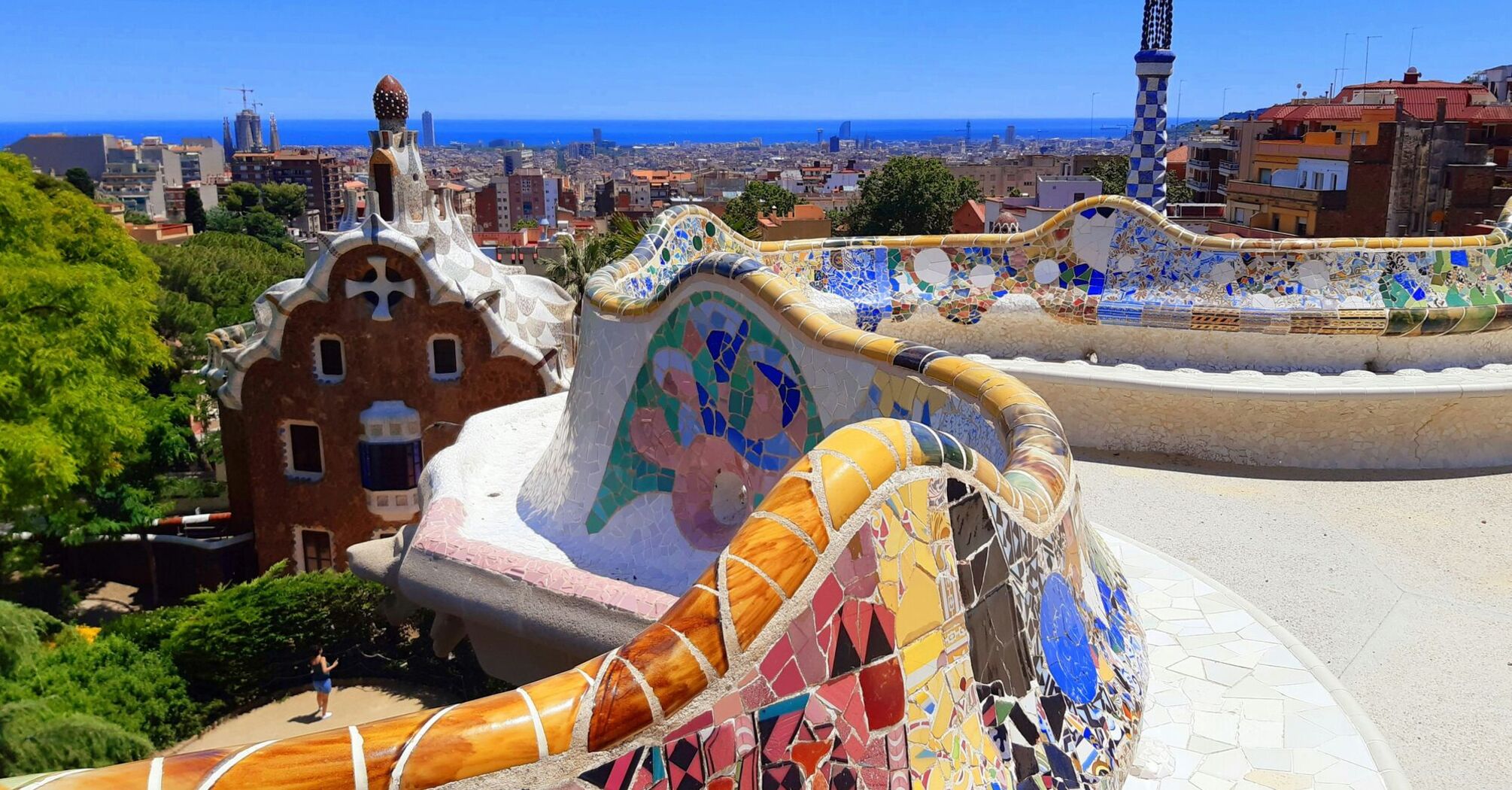 A view from the benches on a summer day at Park Güell in Barcelona, Spain