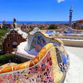 A view from the benches on a summer day at Park Güell in Barcelona, Spain