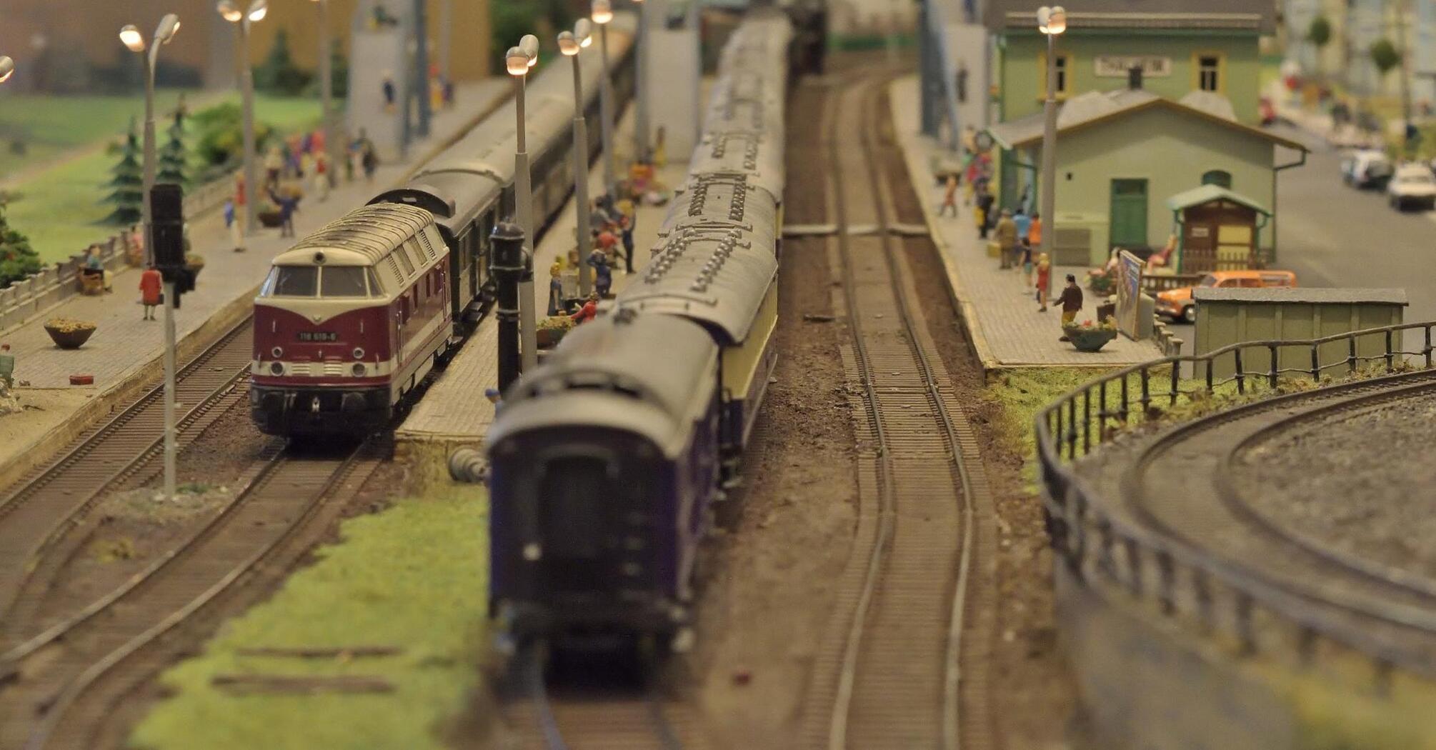 Model of a railway station with meticulously detailed trains