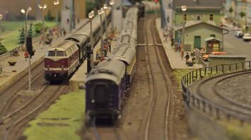 Model of a railway station with meticulously detailed trains