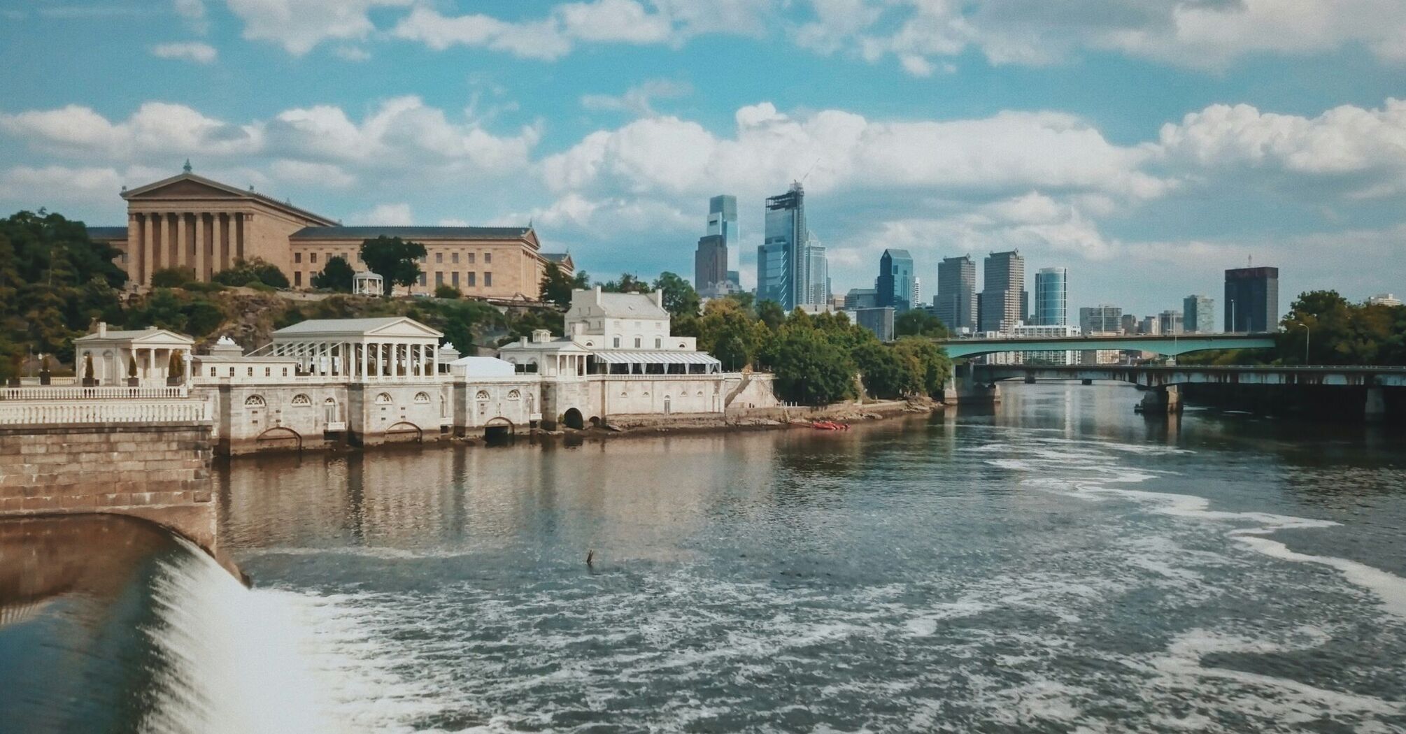 Shot along the Schuylkill River, with the Philadelphia Art Museum and the center city skyline as the backdrop