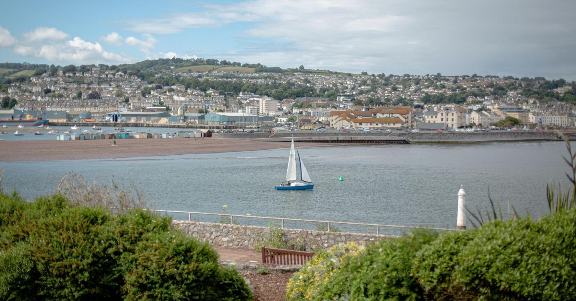 View of a Torbay city with sailboats in the water and houses on the hills