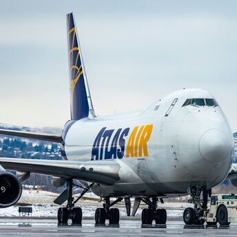 Atlas Air 747 pushing back at Calgary International.