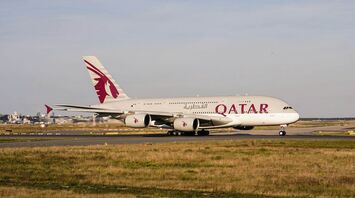 Qatar Airways Airbus A380 during takeoff in Frankfurt