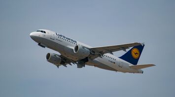 Lufthansa airplane taking off into the sky