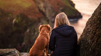 A woman and a dog sit on a cliff by the sea