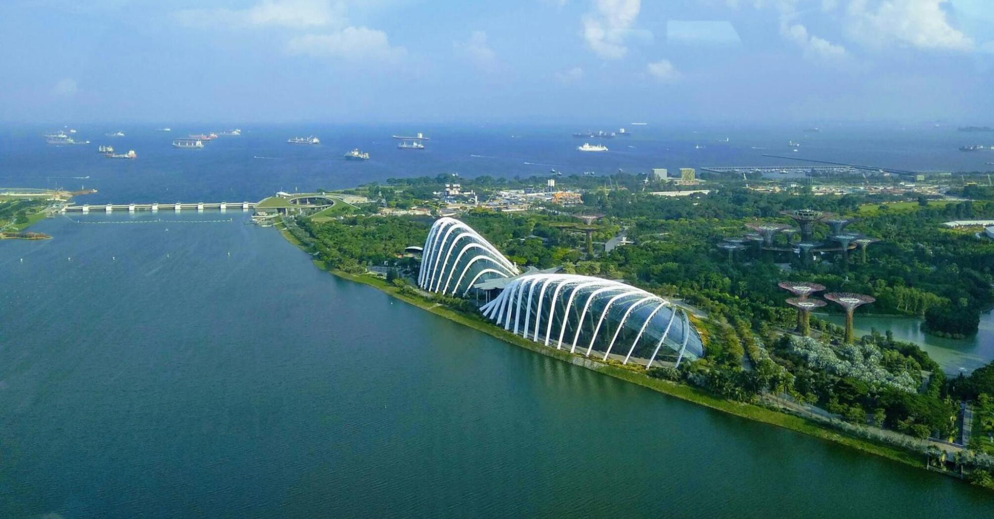 Aerial view of the beautiful Singapore seashore with modern architecture