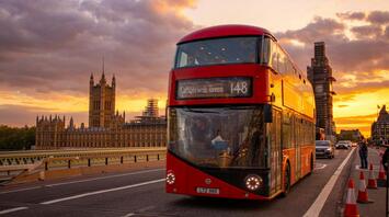 A red double-decker bus driving past the Houses of Parliament in London at sunset