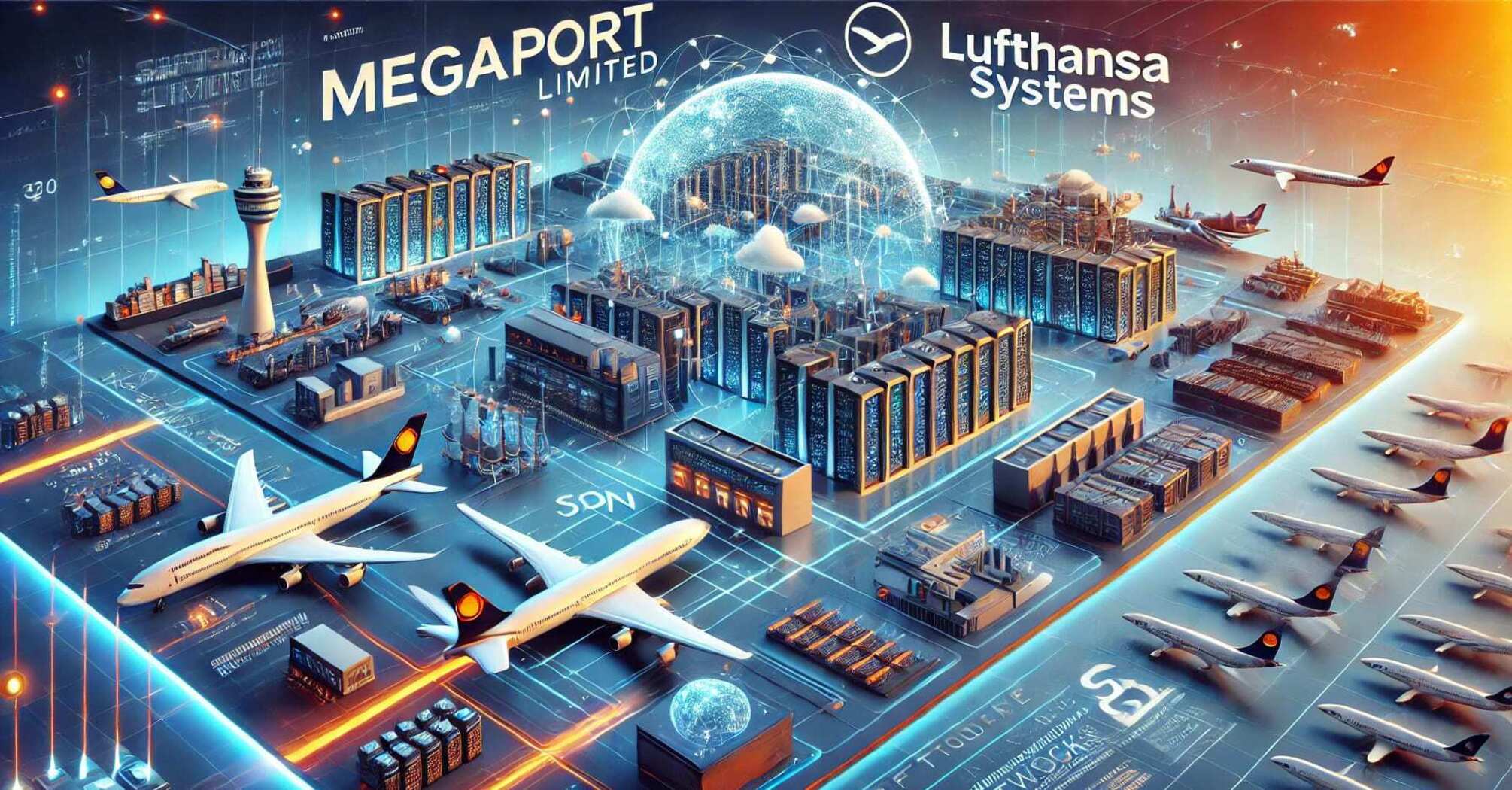 Illustration of Megaport and Lufthansa Systems partnership enhancing aviation technology with interconnected global airlines and digital networks