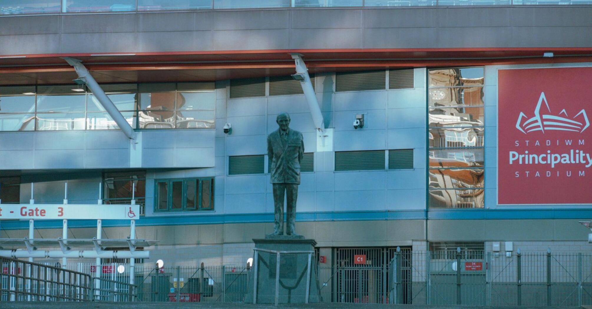 Statue in front of Principality Stadium in Cardiff