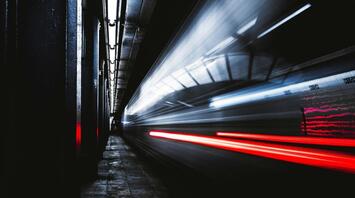 A train at high speed passes through a dark underground tunnel