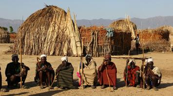 The group of tribal men in Omo Valley in Ethiopia