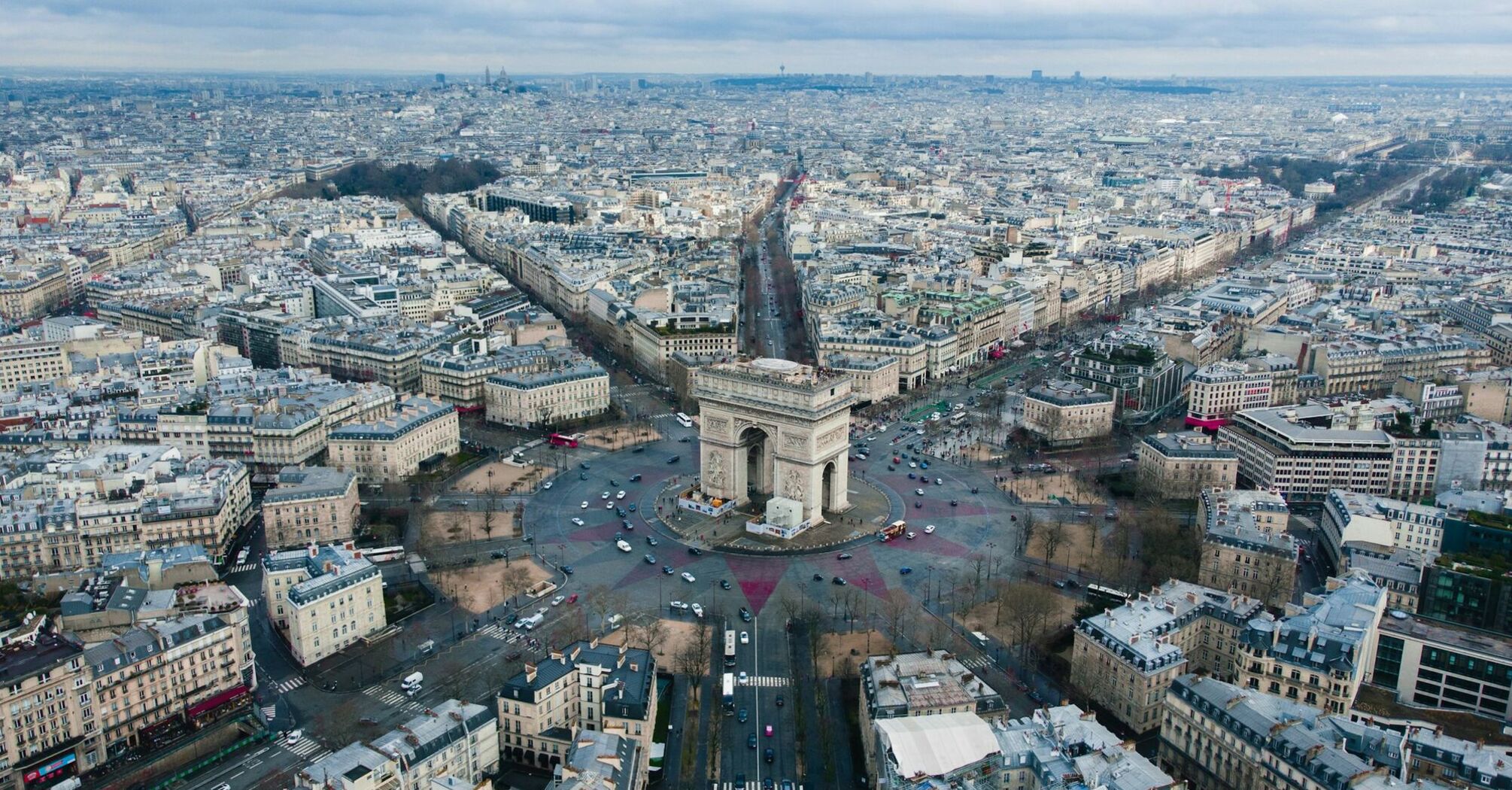 Aerial view of Paris with the Arc de Triomphe