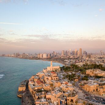 Aerial view of Tel Aviv's coastline at sunset