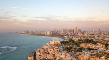 Aerial view of Tel Aviv's coastline at sunset