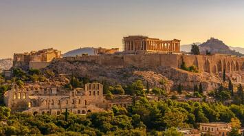 View of Acropolis of Athens with Parthenon and Erechtheion from Filopappou hill