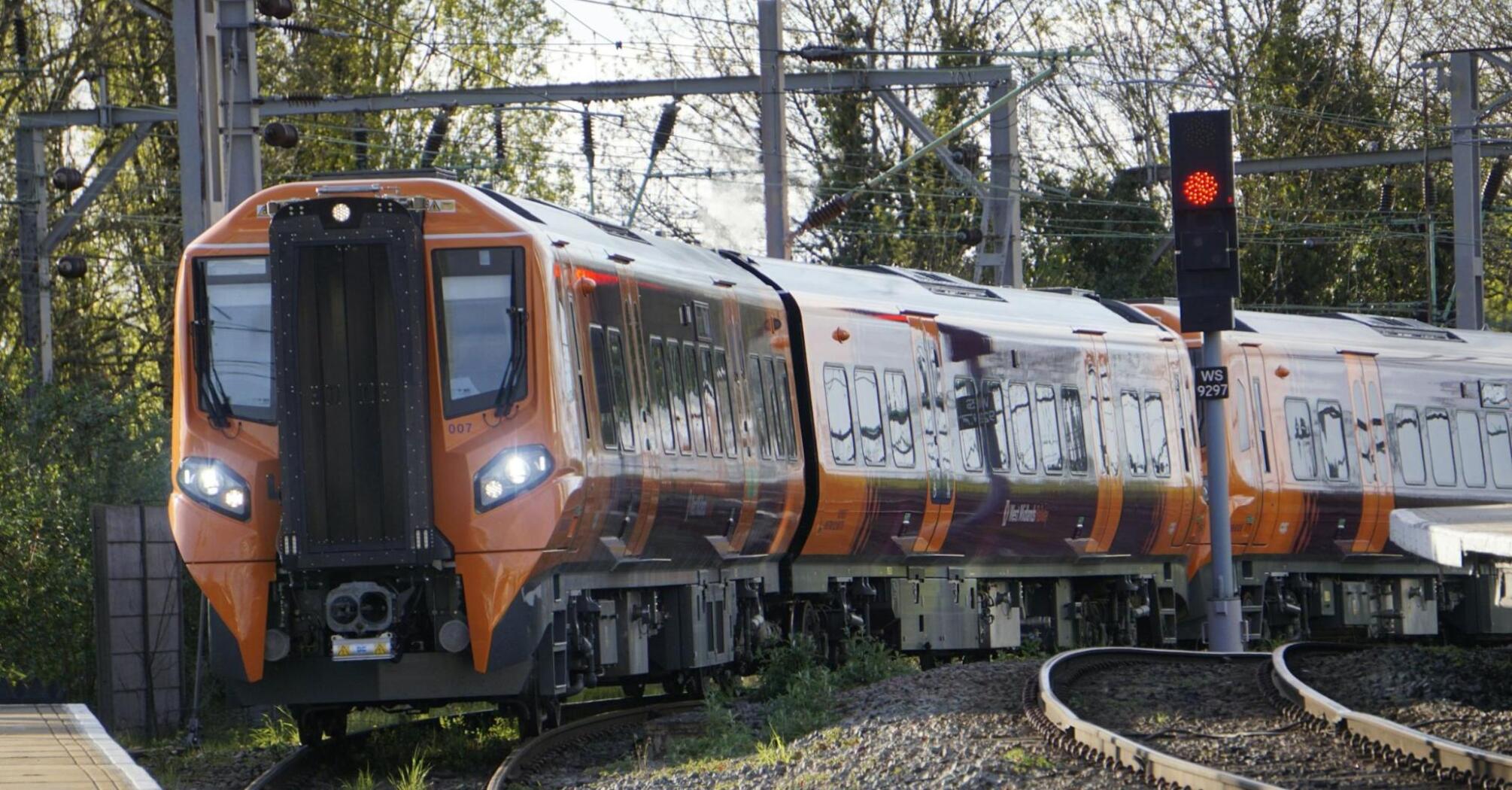 A West Midlands Railway train on the tracks