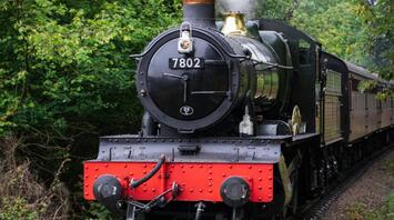 A Steam Train traveling through a scenic forest
