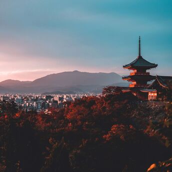 Scenic view of Kyoto, Japan at sunset
