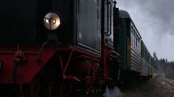 A black steam locomotive with a red chassis pulling carriages through the Turkish countryside