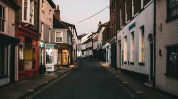 Quiet street in Woodbridge with shops lining both sides