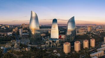 Baku's iconic Flame Towers at sunset
