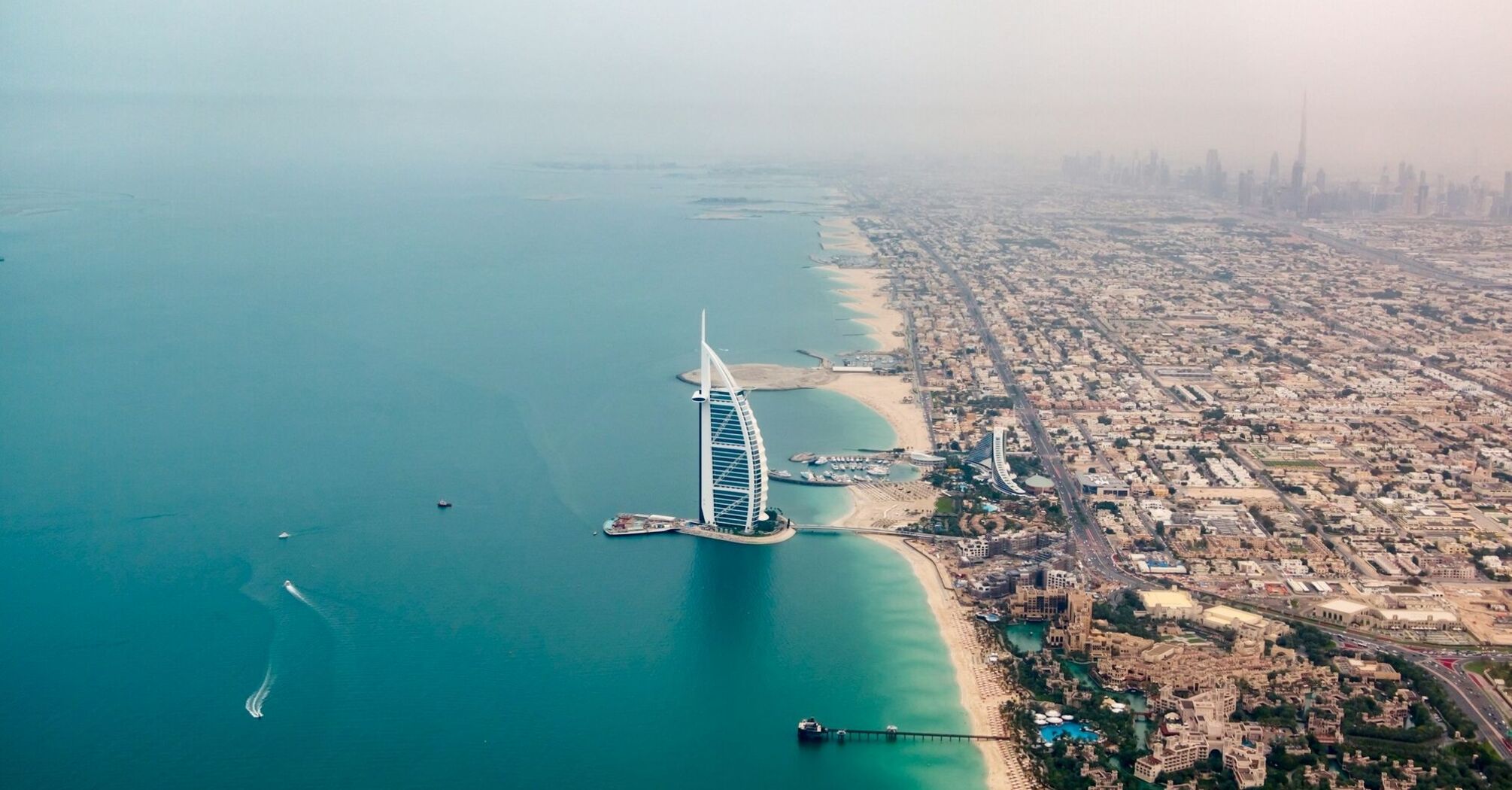 Aerial view of Dubai coastline and Burj Al Arab