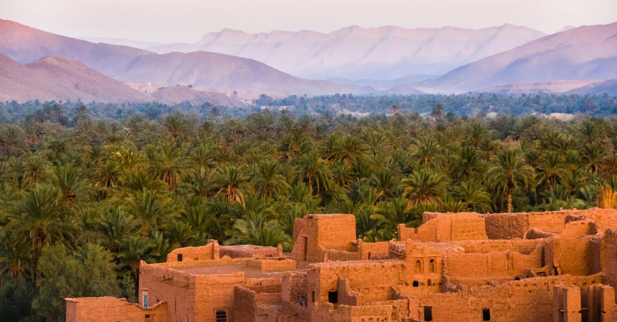 Old houses surrounded by trees and mountains in Morocco