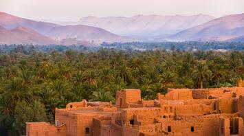 Old houses surrounded by trees and mountains in Morocco