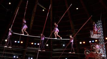 Acrobats perform a thrilling high-wire act