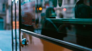 Close-up of a bus on a city street