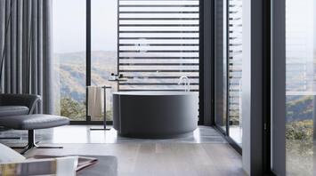 Modern bathroom with panoramic windows and views of the Scottish landscape