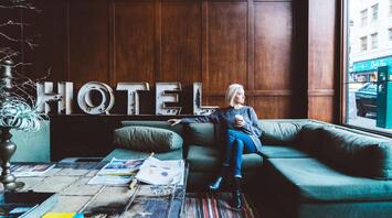 The hotel lobby of a new Travelodge in Spain