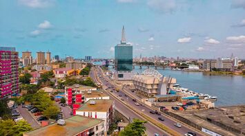 Aerial view of Lagos, Nigeria, showing modern buildings and a waterfront