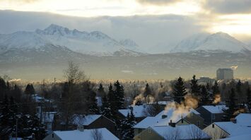 Anchorage with snowy mountains in the background