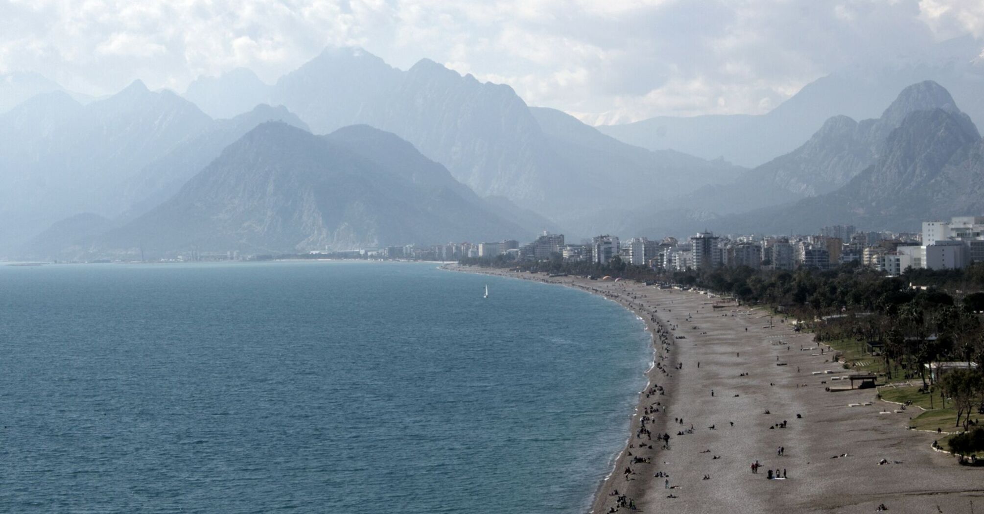 View of Antalya coastline with mountains and beach