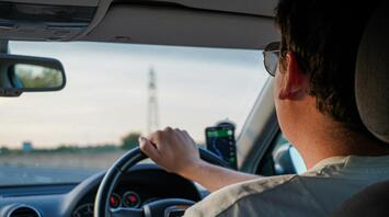 A driver in sunglasses drives a car with a navigator