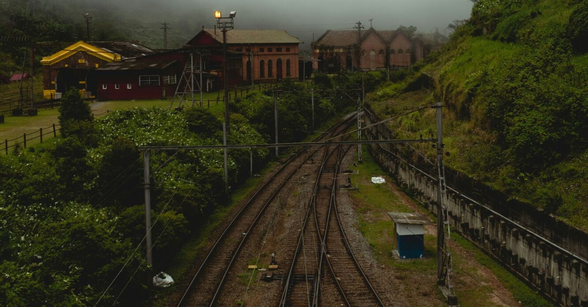 Foggy railway tracks surrounded by greenery and old buildings