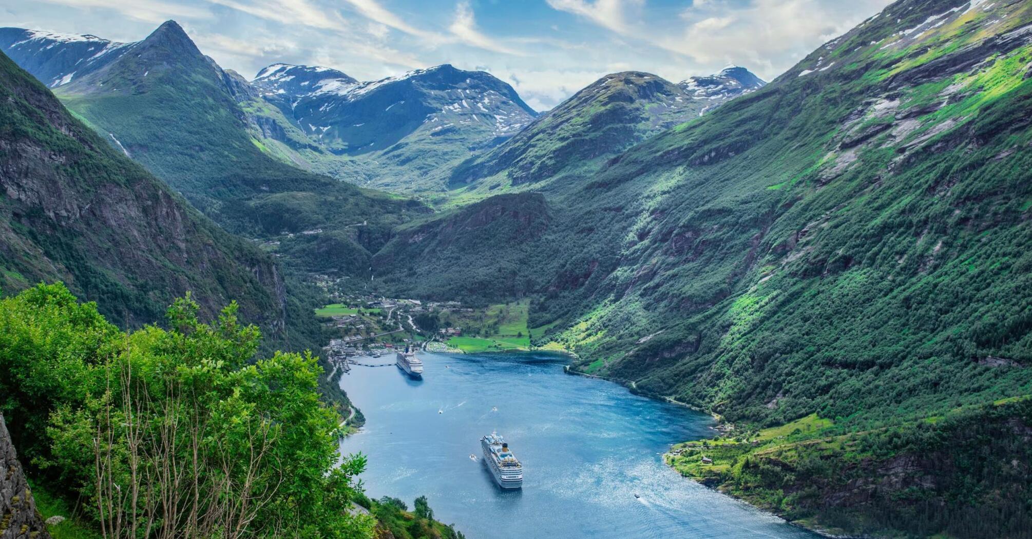 A fjord with cruise ships surrounded by tall green mountains