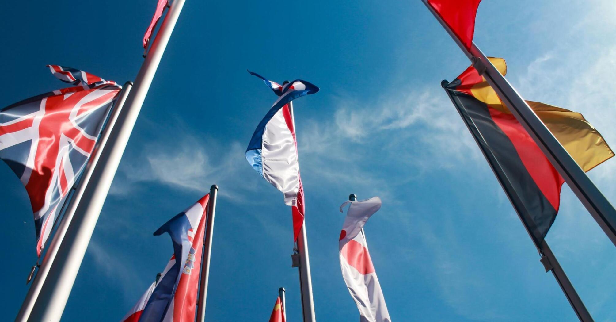 Flags of different countries against the background of a clear blue sky