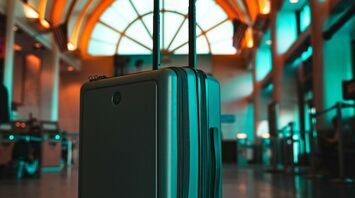 A modern suitcase stands in the middle of a brightly lit airport terminal with arched ceilings