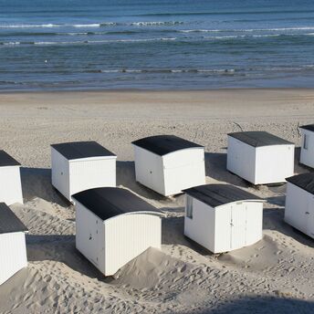 Beach huts on the beach of Lokken, Northern Jutland, Denmark, Scandinavia, Europe