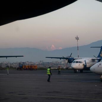 The Himalchuli peaks visible at early morning from Tribhuvan International Airport, Kathmandu